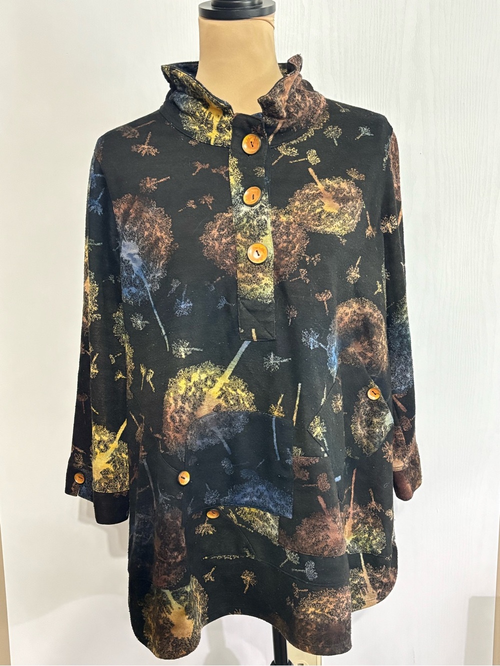 John Mark Dandelion Pullover Top Womens Large Black Floral 3/4 Sleeve Lagenlook